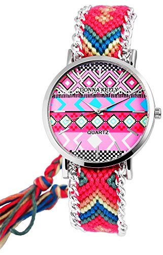 Modische Pink Rot Weiss Pink Passion Analog Metall Textil Armbanduhr Quarz Uhr