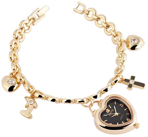 Modische Schwarz Gold Herz Delfin Kreuz Quartz Metall Armbanduhr Mode Strass Uhr