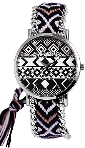 Modische Schwarz Weiss Indian Modern Art Analog Metall Textil Armbanduhr Quarz Uhr