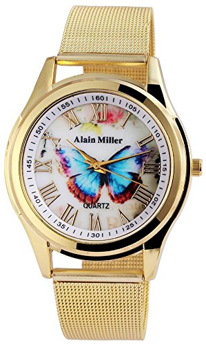 Modische Gold Schmetterling Analog Metall Meschband Armbanduhr Unisex Quarz Butterfly Modeuhr