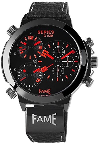 XXL Triple Timer Schwarz Rot Titan Look Analog Leder Armbanduhr Quarz 3 Zeitzonen Uhr
