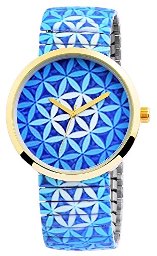 Zugband Blau Weiss Gold Magic Flower Zugbanduhr Analog Metall Armbanduhr Zugarmbanduhr