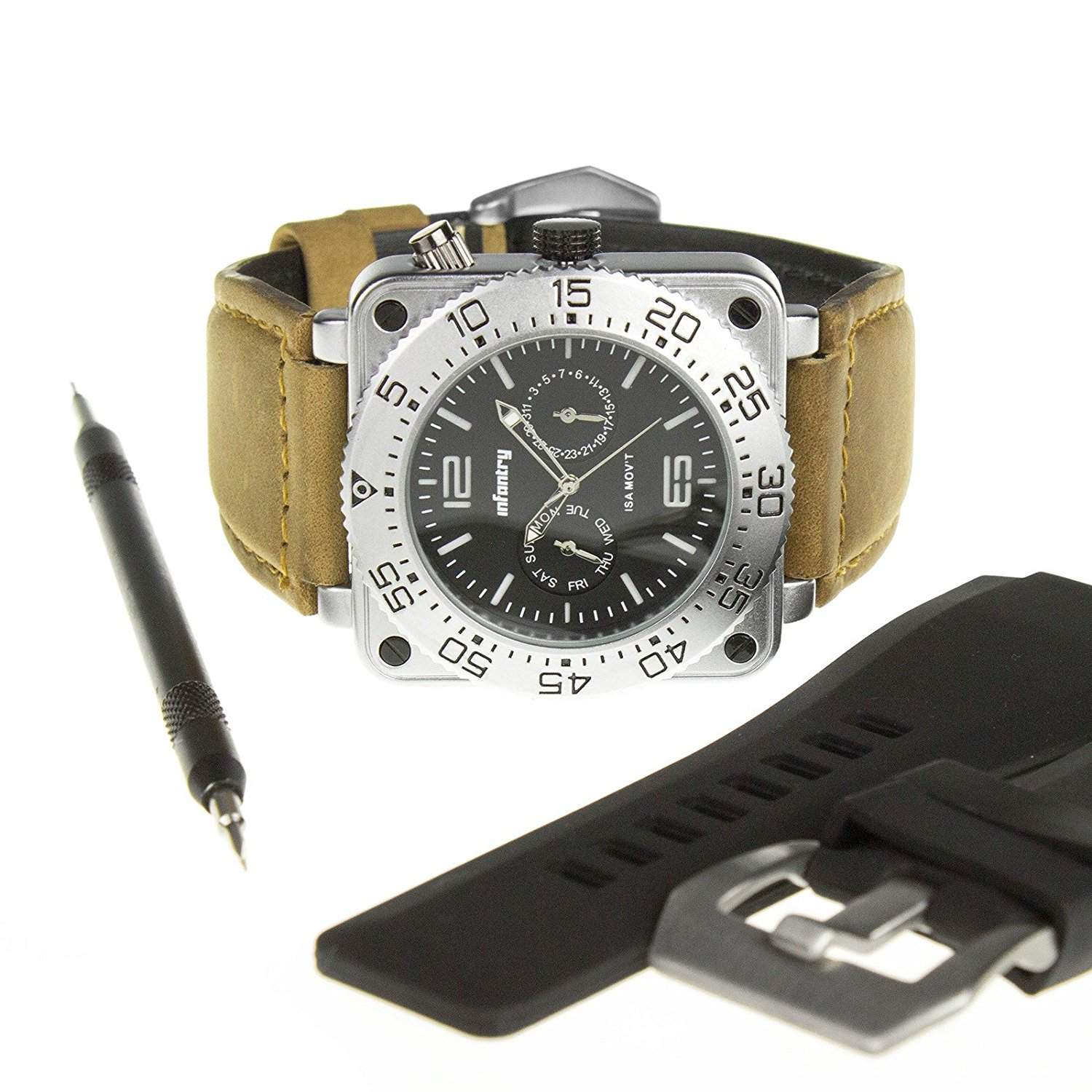 INFANTRY Silber Herren Quarz Armbanduhr ISA WISS Japanisch Uhrwerk Datum Edelstahl Uhren Leder Gummi Uhrband SET