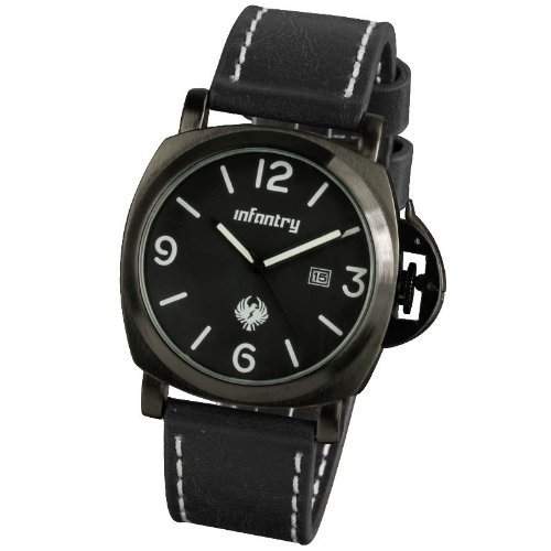 INFANTRY Herren Quarz Armbanduhr Datum Display Schwarz Ziffernblatt Analog Uhr Leder Uhrenarmband