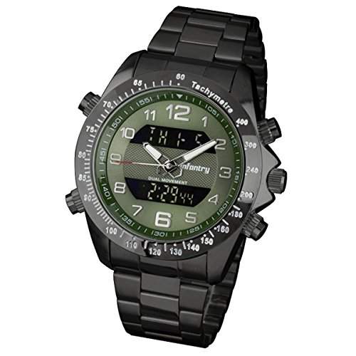 INFNATRY Herren-Armbanduhr Dual Digital Quarz Sport Uhr Schwarz Fliegeruhren Edelstahl Uhren Gruen Zifferblatt