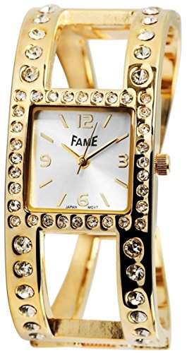 Fame Damen Analog Armbanduhr mit Quarzwerk 100402500212 und Metallgehaeuse mit Goldfarbiger Metallspange Ziffernblattfarbe silberfarbig Armbandbreite 23 mm