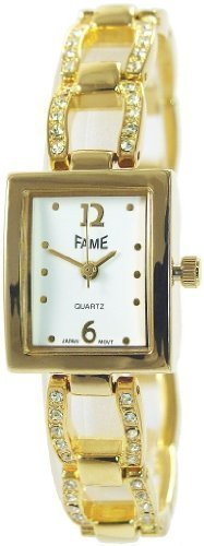 Fame Gold Weiss Analog Strass Metall Armbanduhr Mode Quarz Uhr