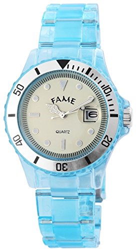 Fame Unisex mit Quarzwerk 100887600010 und Hochwertiges Kunststoffarmband in Blau mit Faltschliesse Ziffernblattfarbe Creme Bandgesamtlaenge 20 cm Armbandbreite 20 mm
