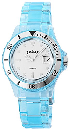 Fame Unisex mit Quarzwerk 100882100010 und Kunststoffarmband in Blau mit Faltschliesse Ziffernblattfarbe Weiss Bandgesamtlaenge 20 cm Armbandbreite 20 mm