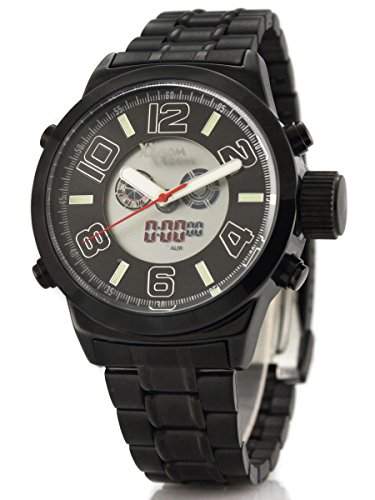 Alienwork Analog-Digital Armbanduhr Multi-funktion LCD Uhr Backlight schwarz Metall 6030G-01