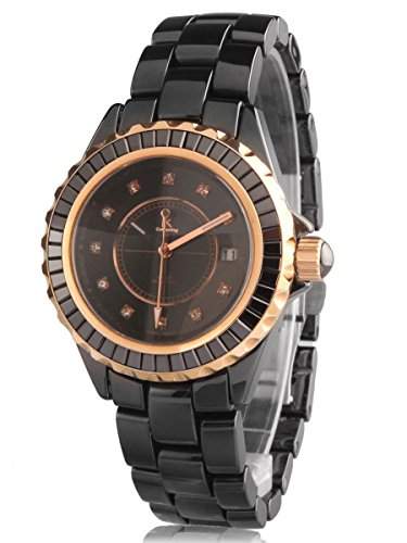 Alienwork IK Quarz Armbanduhr Saphirglas Quarzuhr Uhr Strass modisch schwarz Keramik 80001G-B