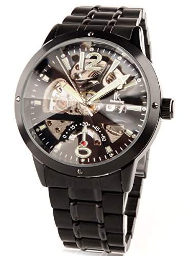 Alienwork IK Handaufzug mechanische Armbanduhr Skelett Uhr schwarz Metall 98234G-A