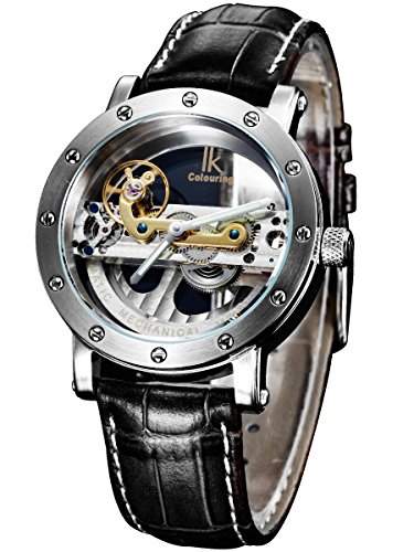 Alienwork IK mechanische Automatik Armbanduhr Skelett Automatikuhr Uhr Wasserdicht 5ATM silber schwarz Leder 98393G-MS-S