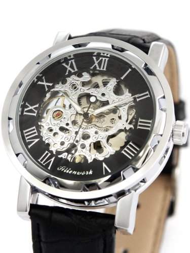 Alienwork mechanische Automatik Armbanduhr Skelett Automatikuhr Uhr graviert schwarz Leder AH005-01