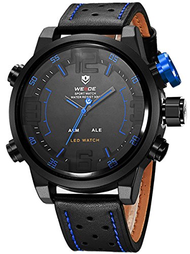 Alienwork LED Analog XXL Oversized Uhr Multi funktion blau schwarz Leder OS WH 5210 B 4