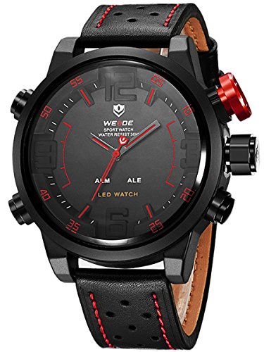 Alienwork LED Analog XXL Oversized Uhr Multi funktion rot schwarz Leder OS WH 5210 B 5