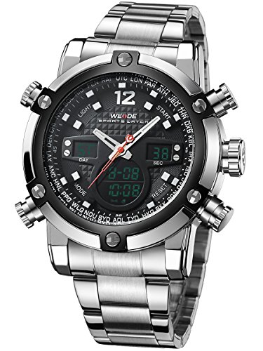 Alienwork DualTime Analog Chronograph LCD Uhr Multi funktion schwarz silber Metall OS WH 5205G 01