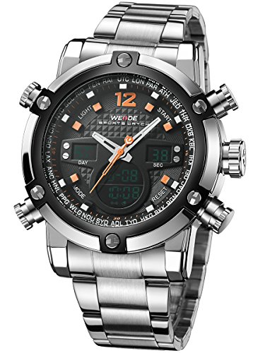 Alienwork DualTime Analog Chronograph LCD Uhr Multi funktion schwarz silber Metall OS WH 5205G 06
