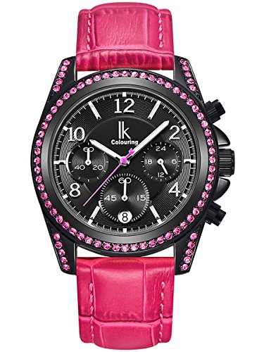 Alienwork Multi funktion Quarzuhr Uhr modisch Strass schwarz rosa Kunstleder K001GA 07
