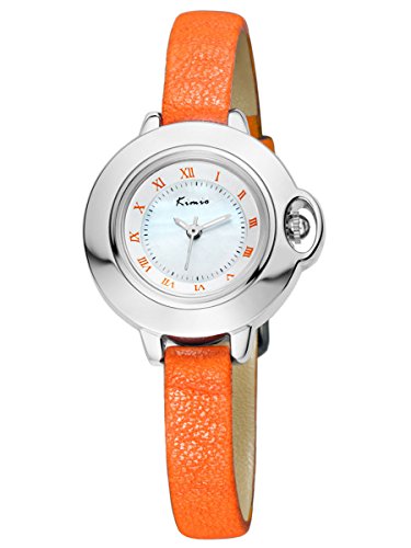 Alienwork modisch Quarzuhr Uhr elegant Perlmutt weiss orange Leder YH KW515S 01