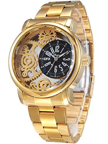 Alienwork Skelett Quarzuhr Uhr modisch schwarz gold Metall 2034G 05