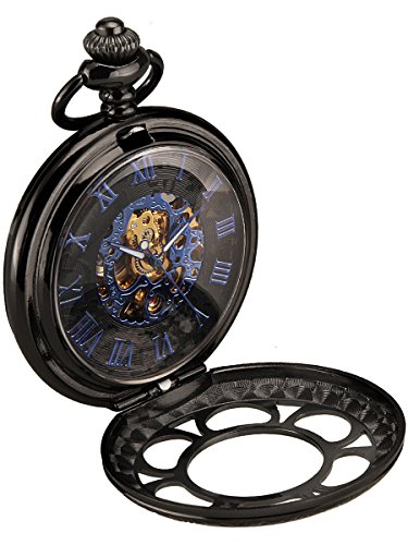 Alienwork Retro Handaufzug mechanische Taschenuhr Skelett Uhr graviert blau schwarz Metall W891I 02