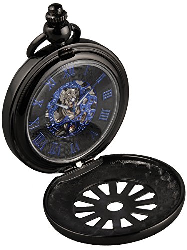 Alienwork Retro Handaufzug mechanische Taschenuhr Skelett Uhr graviert blau schwarz Metall W891L 01