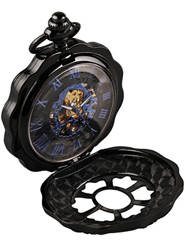 Alienwork Retro Handaufzug mechanische Taschenuhr Skelett Uhr graviert blau schwarz Metall W891H 02