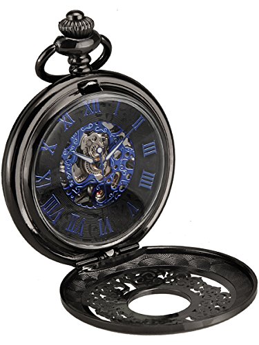 Alienwork Retro Handaufzug mechanische Taschenuhr Skelett Uhr graviert blau schwarz Metall W891K 01