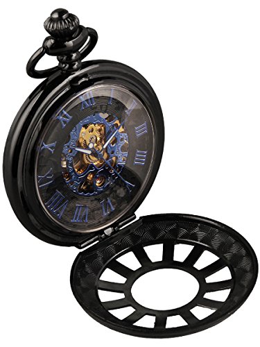 Alienwork Retro Handaufzug mechanische Taschenuhr Skelett Uhr graviert blau schwarz Metall W891D 02