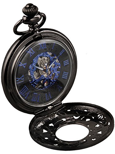 Alienwork Retro Handaufzug mechanische Taschenuhr Skelett Uhr graviert blau schwarz Metall W891J 01