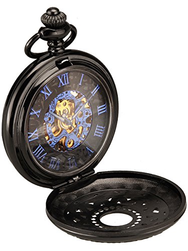 Alienwork Retro Handaufzug mechanische Taschenuhr Skelett Uhr graviert blau schwarz Metall W891M 02