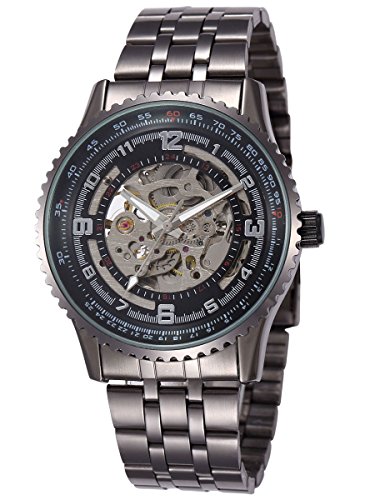 Alienwork mechanische Skelett Automatikuhr Uhr schwarz Metall W9500 02