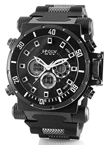 Alienwork Analog-Digital Armbanduhr Multi-funktion LCD Uhr XXL Oversized schwarz Kautschuk FS-602-1