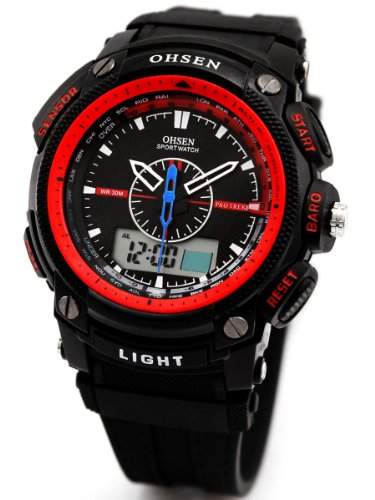 Alienwork LED Analog-Digital Armbanduhr Chronograph Uhr Multi-funktion rot schwarz Kautschuk OSAD1209-3