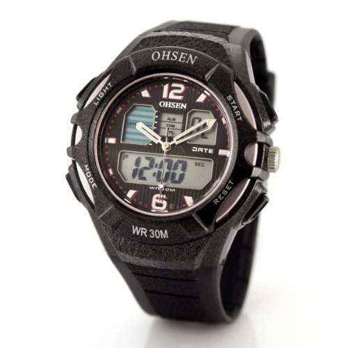 Alienwork Analog-Digital Armbanduhr Multi-funktion LCD Uhr Backlight schwarz Kautschuk OSAD1301-1