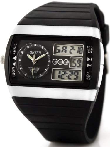 Alienwork Analog-Digital Armbanduhr Multi-funktion LCD Uhr Backlight schwarz Kautschuk OSAD1305-2