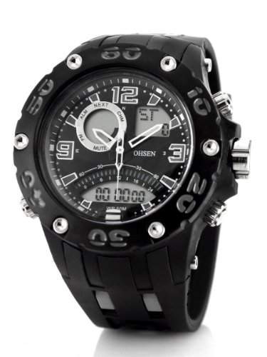 Alienwork 5ATM Analog-Digital Armbanduhr Multi-funktion LCD Uhr Backlight schwarz Kautschuk OSAD2801-01