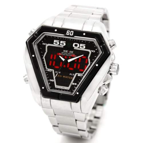 Alienwork DualTime LED Analog-Digital Armbanduhr Multi-funktion Uhr schwarz silber Edelstahl OSWH-1102-2-R1