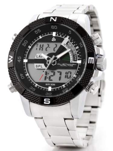 Alienwork Lumi LED Analog-Digital Armbanduhr Chronograph Uhr Multi-funktion schwarz silber Edelstahl OSWH-1104-6