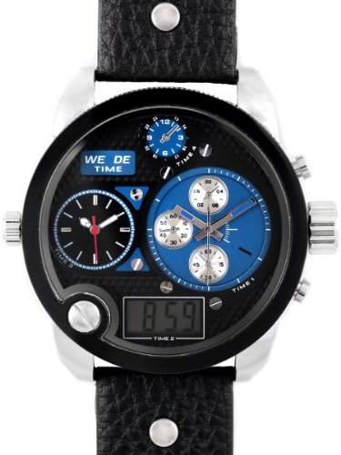 Alienwork DualTime Analog-Digital Armbanduhr Multi-funktion LCD Uhr XXL Oversized schwarz Leder OSWH-2305-5