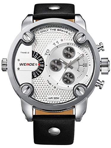 Alienwork DualTime Quarz Armbanduhr Multi Zeitzonen Quarzuhr Uhr XXL Oversized weiss schwarz Leder OSWH-3301-2