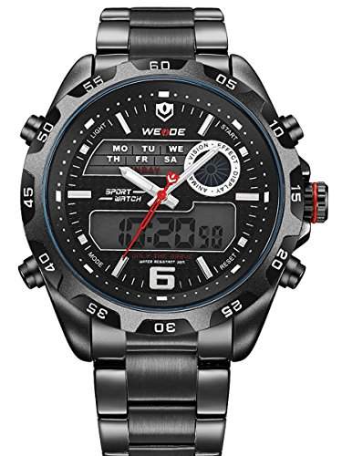 Alienwork DualTime Analog-Digital Armbanduhr Chronograph LCD Uhr Multi-funktion schwarz Metall OSWH-3403-B-3