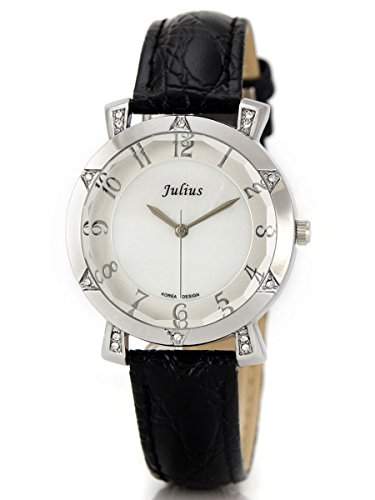Alienwork Quarz Armbanduhr Strass Quarzuhr Uhr elegant Perlmutt weiss schwarz Leder UJA-756A
