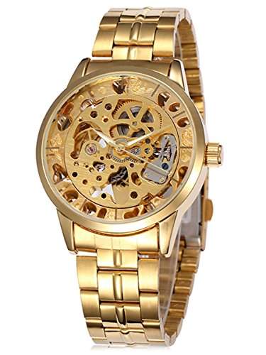 Alienwork mechanische Automatik Armbanduhr Skelett Automatikuhr Uhr gold Metall W0129-01