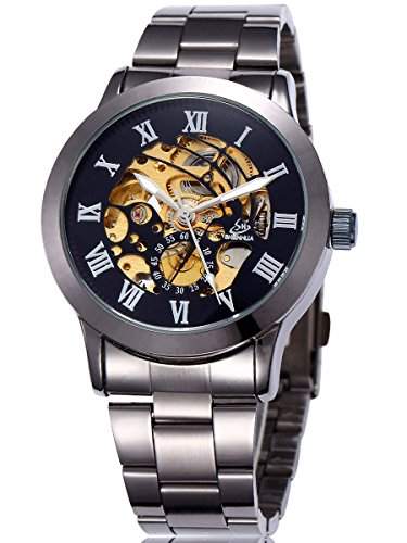 Alienwork mechanische Automatik Armbanduhr Skelett Automatikuhr Uhr schwarz Metall W9269-04