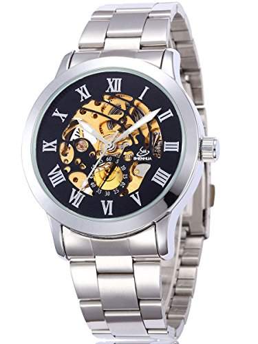 Alienwork mechanische Automatik Armbanduhr Skelett Automatikuhr Uhr schwarz silber Metall W9269-05