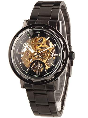 Alienwork mechanische Automatik Armbanduhr Skelett Automatikuhr Uhr schwarz Metall W9504G-01