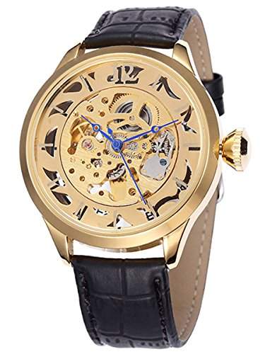 Alienwork mechanische Automatik Armbanduhr Skelett Automatikuhr Uhr XXL Oversized gold schwarz Polyurethan W9528-01