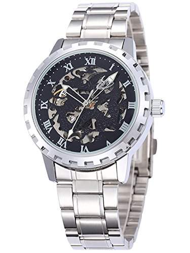 Alienwork mechanische Automatik Armbanduhr Skelett Automatikuhr Uhr schwarz silber Metall W9560A-02